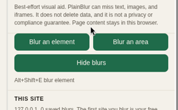 The PlainBlur popup, with Blur an element, Blur an area, and Hide blurs.