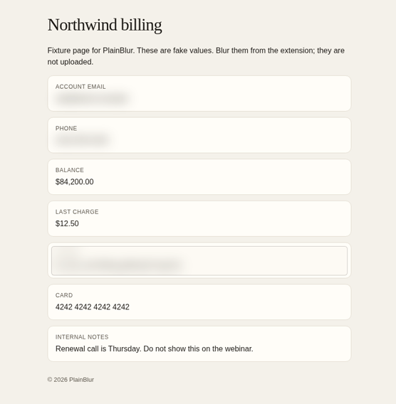 A billing page with the email, phone, and API key frosted, and the other fields still readable.